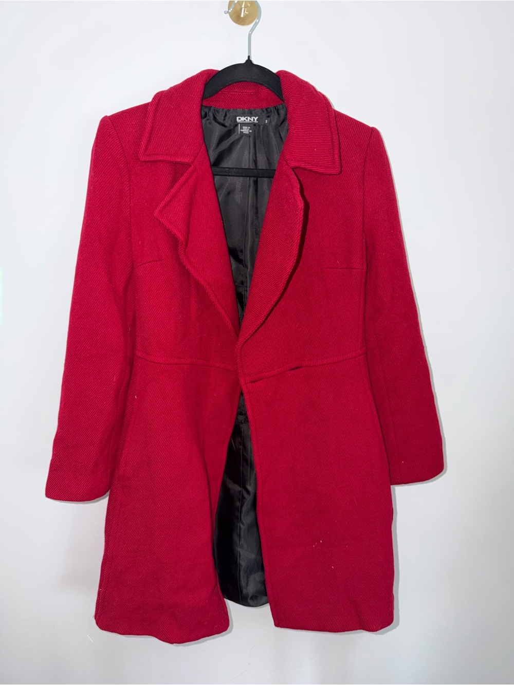 DKNY Women’s S Red Wool Lined Mid-Length Overcoat Button Closure Collared